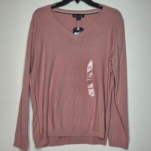 NWT Nautica Jeans Women's Cotton V-Neck Textured Sweater - Bridal Rose